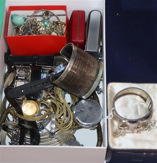 A Victorian style silver buckle bangle, sundry costume jewellery, various wristwatches, pocket watch, stopwatch, etc.